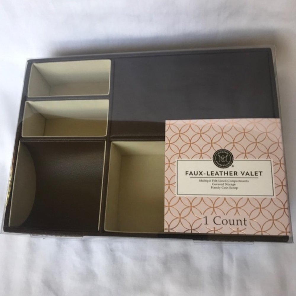 Modern Expression Faux-Leather Valet, Multiple Felt Covered Compartments, Brown